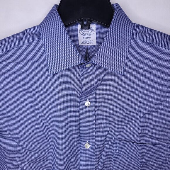 Brooks Brothers Dress Shirt Mens 15.5 Blue Houndstooth Supima Cotton Non Iron - Picture 1 of 11